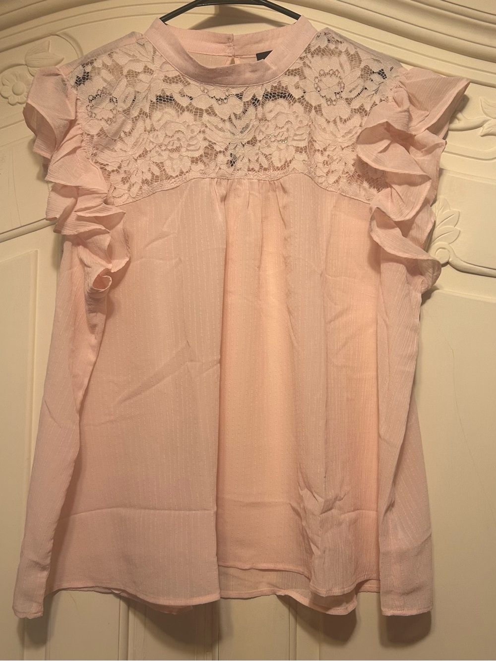 Sky 3X Pale Pink Lace Yoke Ruffle Sleeve Blouse